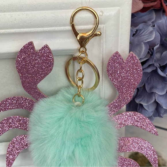 Blue Crab Pom Pom with Pink Glitter Claws Keychain Charm - Picture 5 of 12